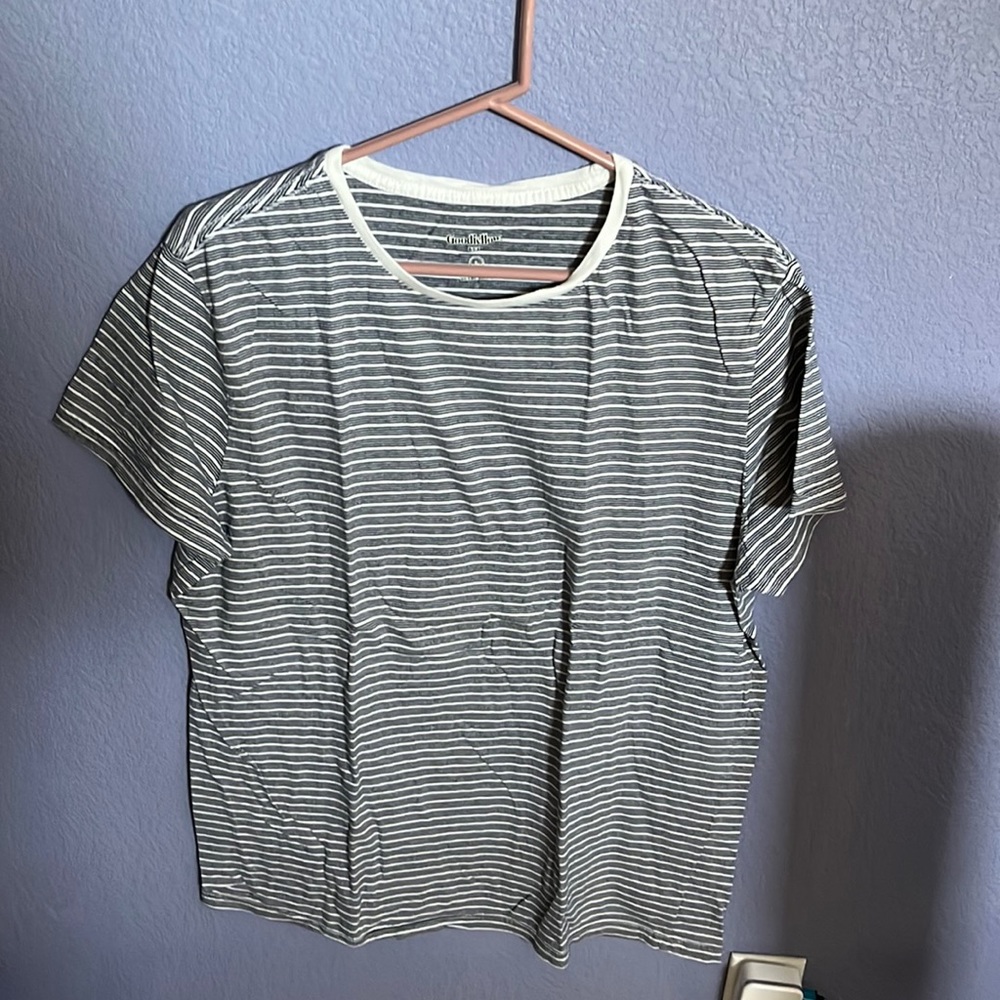 Grey and white stripped t shirt size Large